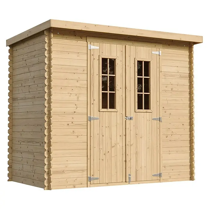 Timbela Gerätehaus M310C+M310G - Außenmaß inkl. Dachüberstand (B x T): 239 x 142 cm, Holz, Natur, Mit Fußboden - Ein helles Holzgartenhaus mit Doppeltüren und kleinen Fenstern, ideal für die Gartenaufbewahrung. Die Blockhausoptik verleiht einen rustikalen Charme.