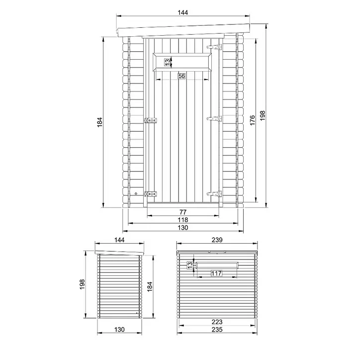 Timbela Gerätehaus M306A - Außenmaß inkl. Dachüberstand (B x T): 144 x 239 cm, Holz, Natur, Ohne Fußboden - Technische Zeichnung eines Holzschuppens mit Maßangaben für Breite, Höhe und Tiefe.