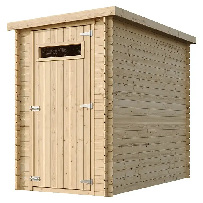 Timbela Gerätehaus M306A - Außenmaß inkl. Dachüberstand (B x T): 144 x 239 cm, Holz, Natur, Ohne Fußboden - Detailaufnahme eines Holzgartenschuppens mit einer Tür und einem kleinen Fenster, ideal für die Aufbewahrung von Gartengeräten.