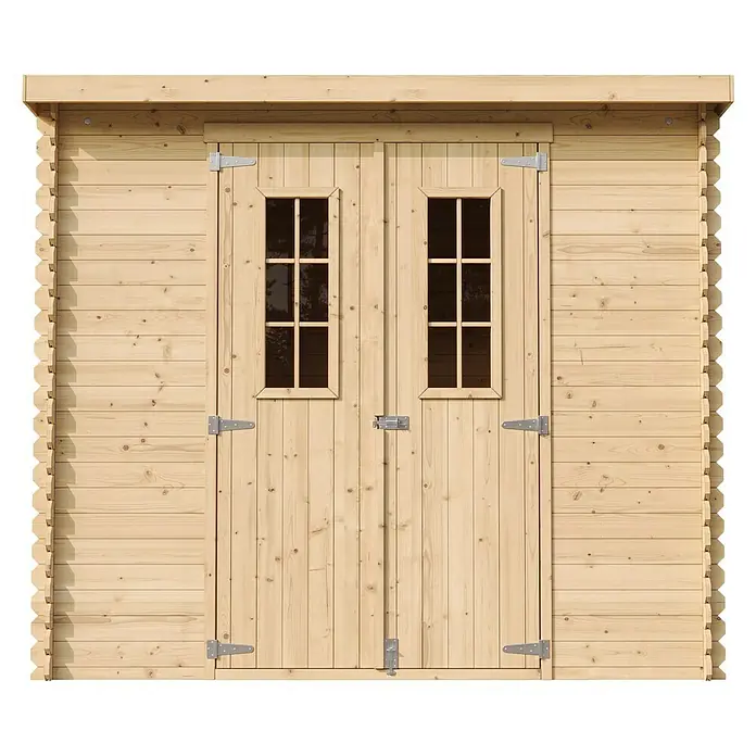 Timbela Gerätehaus M310C+M310G - Außenmaß inkl. Dachüberstand (B x T): 239 x 142 cm, Holz, Natur, Mit Fußboden - Detailaufnahme eines Holzschuppens mit Doppeltür und kleinen Fenstern, ideal zur Aufbewahrung von Gartengeräten und Werkzeugen.
