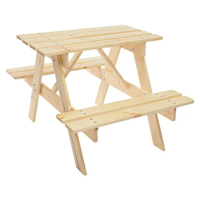 Timbela Kinder-Picknicktisch - 81 x 60 x 50 cm, Holz, Ohne Staufach - Hölzerner Picknicktisch für Kinder mit rustikalem Charme, ideal für den Garten oder das Spielzimmer. Stabiles, unbehandeltes Kiefernholz.