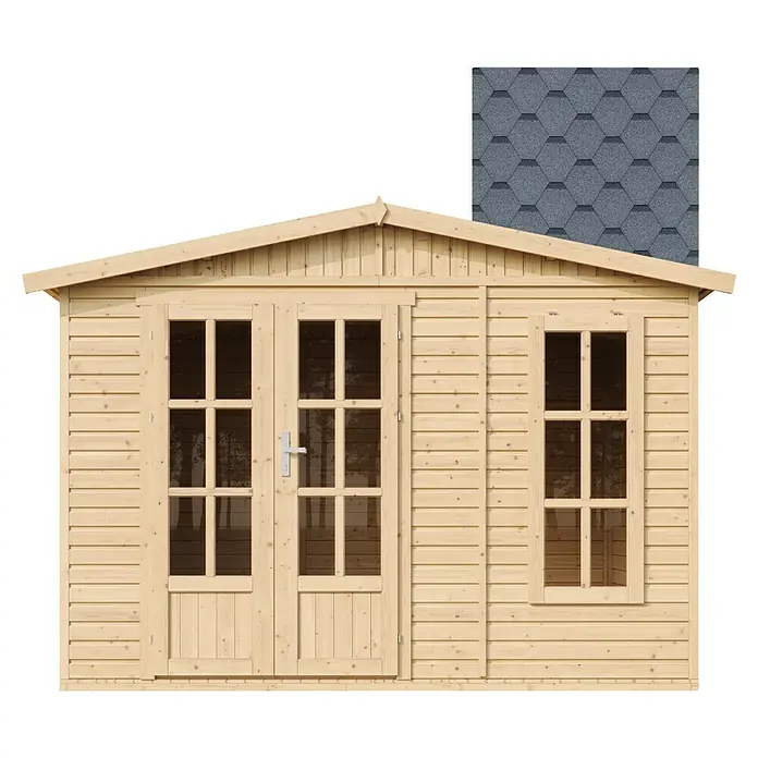Timbela Gartenhaus M334FB - Außenmaß inkl. Dachüberstand (B x T): 332 x 222 cm, Holz, Natur, Mit grauen Bitumenschindeln - Abbildung eines Holzschuppens mit Doppeltür und Fenster, ideal für die Gartenaufbewahrung und Geräte.