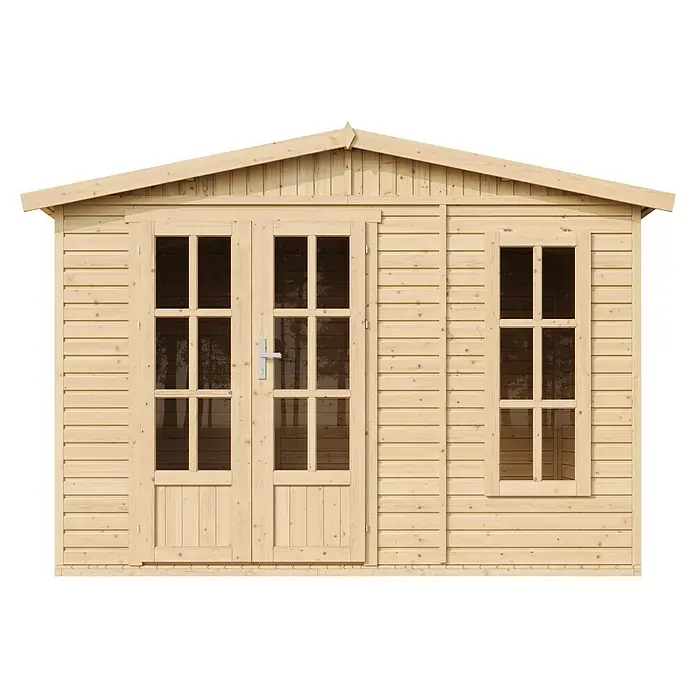 Timbela Gartenhaus M334FB - Außenmaß inkl. Dachüberstand (B x T): 332 x 222 cm, Holz, Natur, Ohne Bitumenschindeln - Außenansicht eines hellen Holzgartenhauses mit Doppeltür und Fenster, ideal für Garten und Freizeit.