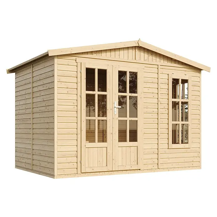 Timbela Gartenhaus M334FB - Außenmaß inkl. Dachüberstand (B x T): 332 x 222 cm, Holz, Natur, Ohne Bitumenschindeln - Ein helles Holzgartenhaus mit Doppeltüren und einem Fenster bietet einen idealen Raum im Freien für Hobby, Lagerung oder Entspannung.