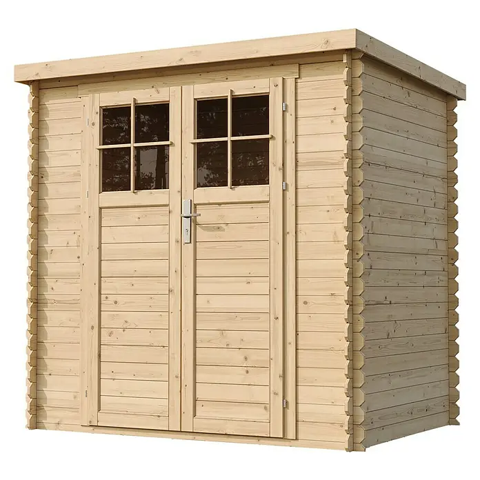 Timbela Gerätehaus M311F - Außenmaß inkl. Dachüberstand (B x T): 204 x 142 cm, Holz, Natur, Ohne Fußboden - Diese Aufnahme zeigt ein helles Holzgartenhaus mit Doppeltüren und Fenstern. Es bietet idealen Stauraum für Gartengeräte und Zubehör.