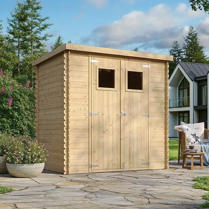 Timbela Gerätehaus M311 - Außenmaß inkl. Dachüberstand (B x T): 204 x 142 cm, Holz, Natur, Ohne Fußboden - Holzschuppen mit Doppeltür und kleinen Fenstern im oberen Bereich, ideal für die Gartenaufbewahrung.