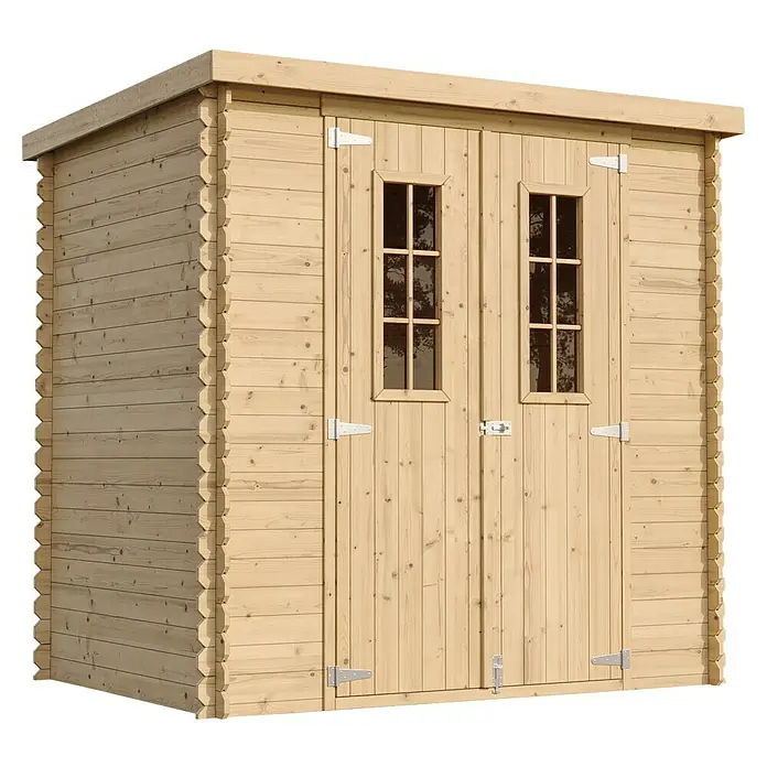 Timbela Gerätehaus M311C - Außenmaß inkl. Dachüberstand (B x T): 204 x 142 cm, Holz, Natur, Ohne Fußboden - Gartenhaus aus Holz mit Doppeltür und Fenstern. Ideal zur Aufbewahrung von Gartengeräten und Werkzeugen.