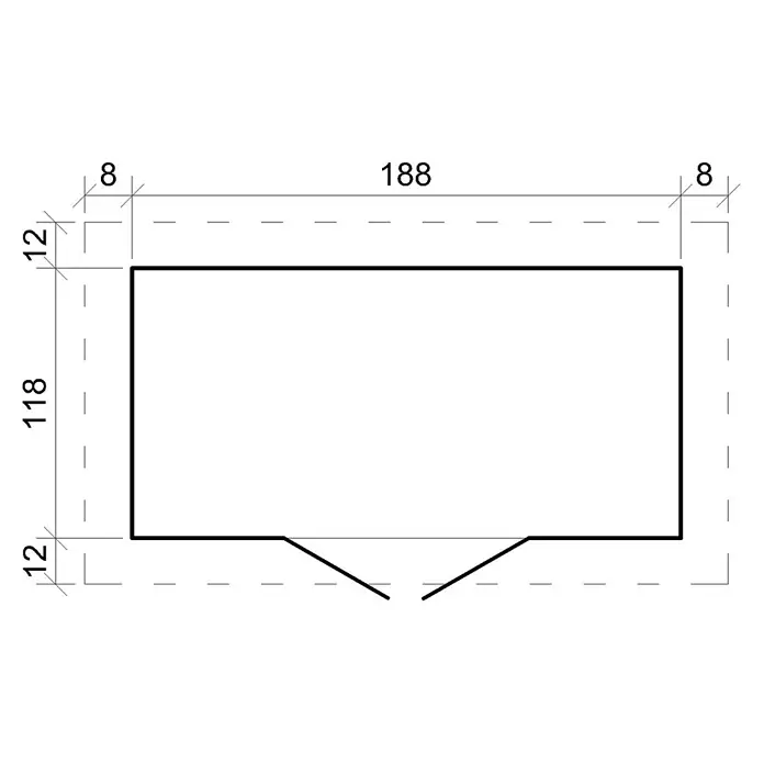 Timbela Gerätehaus M311C - Außenmaß inkl. Dachüberstand (B x T): 204 x 142 cm, Holz, Natur, Ohne Fußboden - Eine schematische Zeichnung eines rechteckigen Gebäudes mit einer Breite von 188 Einheiten und einer Höhe von 118 Einheiten.