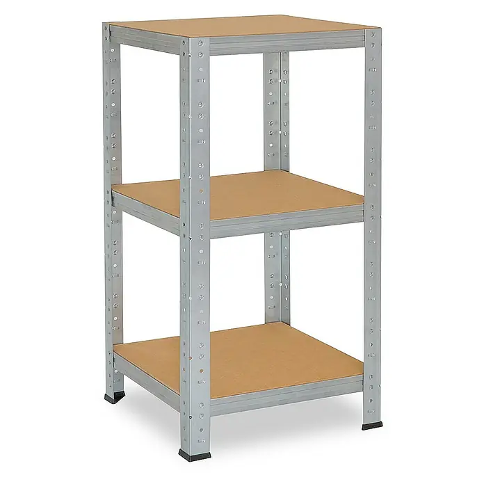 shelfplaza Schwerlastregal HOME - H x B x T: 90 x 50 x 50 cm, Traglast pro Boden: 175 kg, Stecken, verzinkt - Das Bild zeigt ein Regal mit drei Ablageflächen. Es ist aus Metall und Holz gefertigt und eignet sich zur Aufbewahrung verschiedener Gegenstände.