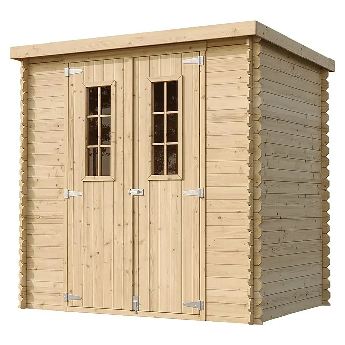 Timbela Gerätehaus M311C - Außenmaß inkl. Dachüberstand (B x T): 204 x 142 cm, Holz, Natur, Ohne Fußboden - Dieses Bild zeigt ein kleines, helles Holzgartenhaus mit Doppeltür und Fenstern, perfekt für kleine Gärten.