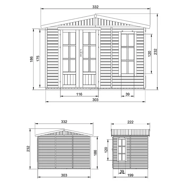 Timbela Gartenhaus M334FB - Außenmaß inkl. Dachüberstand (B x T): 332 x 222 cm, Holz, Natur, Ohne Bitumenschindeln - Technische Zeichnung eines Gartenhauses mit Maßen für Planung und Bau.