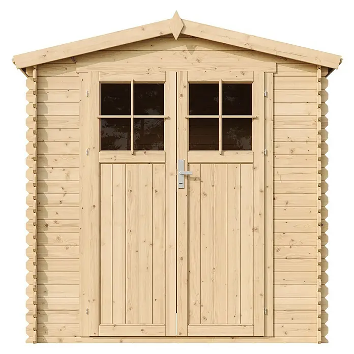 Timbela Gerätehaus M343F - Außenmaß inkl. Dachüberstand (B x T): 216 x 206 cm, Holz, Natur, Ohne Fußboden - Ein hölzernes Gartenhaus mit Doppeltür und Fenstern. Ideal zur Aufbewahrung von Gartengeräten und -möbeln.