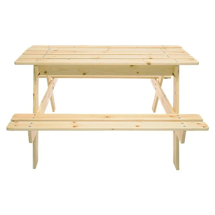 Timbela Kinder-Sitzgruppen-Set - 90 x 90 x 50 cm, Holz, Mit Staufach - Ein unbearbeiteter Picknicktisch aus Holz, der zum Essen im Freien und für geselliges Beisammensein im Garten oder auf der Terrasse einlädt.