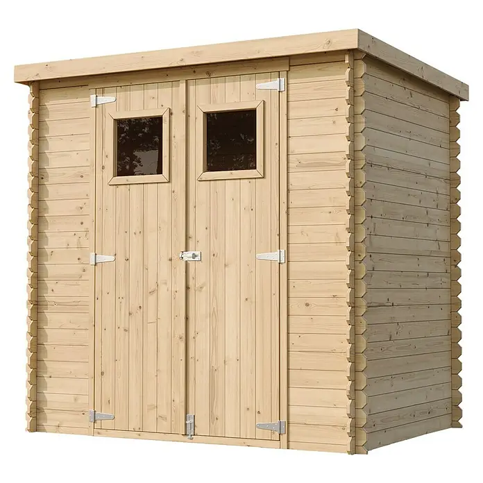 Timbela Gerätehaus M311 - Außenmaß inkl. Dachüberstand (B x T): 204 x 142 cm, Holz, Natur, Ohne Fußboden - Ein helles Holzgartenhaus mit Doppeltür und kleinen Fenstern, ideal für die Aufbewahrung von Gartengeräten.