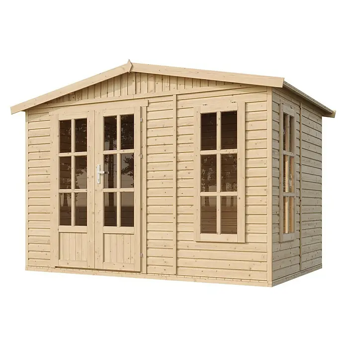 Timbela Gartenhaus M334FB - Außenmaß inkl. Dachüberstand (B x T): 332 x 222 cm, Holz, Natur, Ohne Bitumenschindeln - Bild eines unbehandelten Holzgartenhauses mit Doppeltüren und Fenstern, das eine natürliche Ästhetik und Funktionalität bietet.