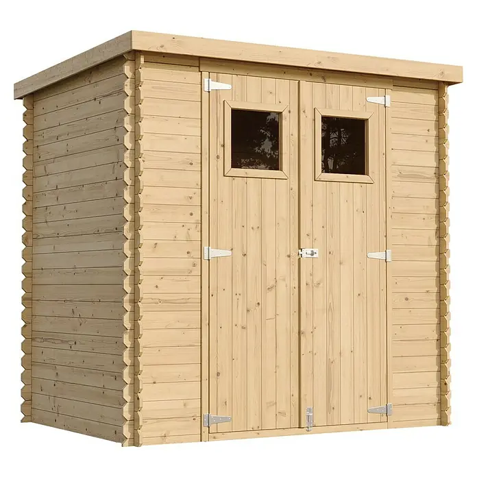 Timbela Gerätehaus M311 - Außenmaß inkl. Dachüberstand (B x T): 204 x 142 cm, Holz, Natur, Ohne Fußboden - Ein geräumiges Gartenhaus aus Holz mit Doppeltür und Fenstern, ideal für die Aufbewahrung von Gartengeräten und Werkzeugen.