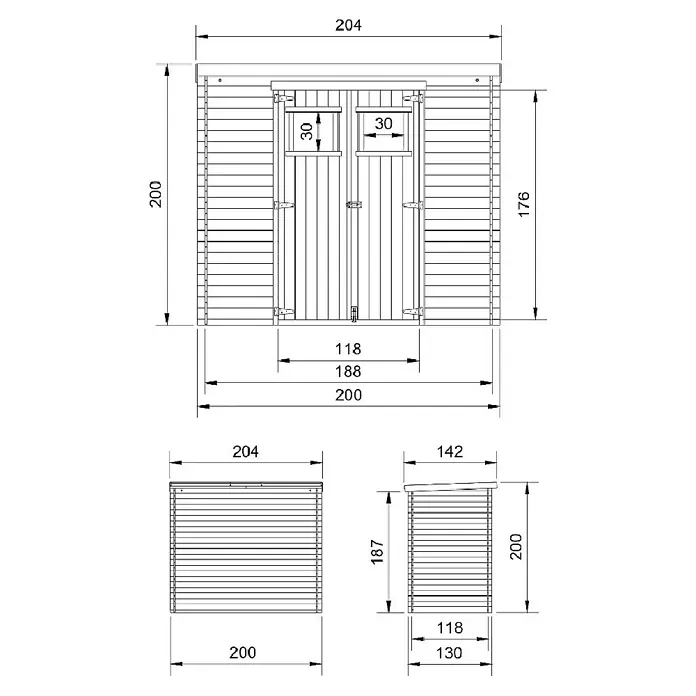 Timbela Gerätehaus M311 - Außenmaß inkl. Dachüberstand (B x T): 204 x 142 cm, Holz, Natur, Ohne Fußboden - Technische Zeichnung eines Gerätehauses mit Maßen.