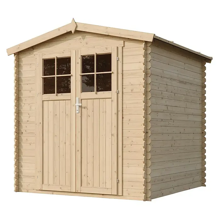 Timbela Gerätehaus M343F - Außenmaß inkl. Dachüberstand (B x T): 216 x 206 cm, Holz, Natur, Ohne Fußboden - Holzgartenhaus mit Doppeltür und Fenstern, ideal für die Aufbewahrung von Gartengeräten und -möbeln.
