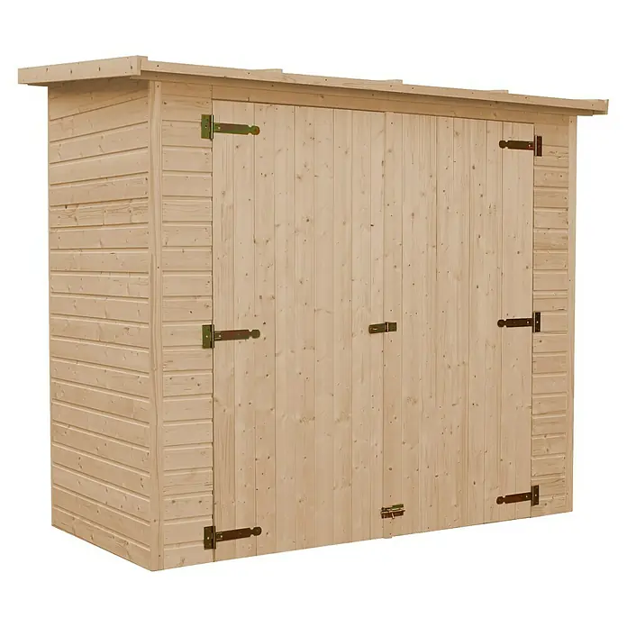 Timbela Gerätehaus M348 - Außenmaß inkl. Dachüberstand (B x T): 223 x 123 cm, Holz, Natur - Geräumiges Holzgartenhaus mit Doppeltür und Satteldach für die Aufbewahrung von Gartengeräten und Werkzeugen.