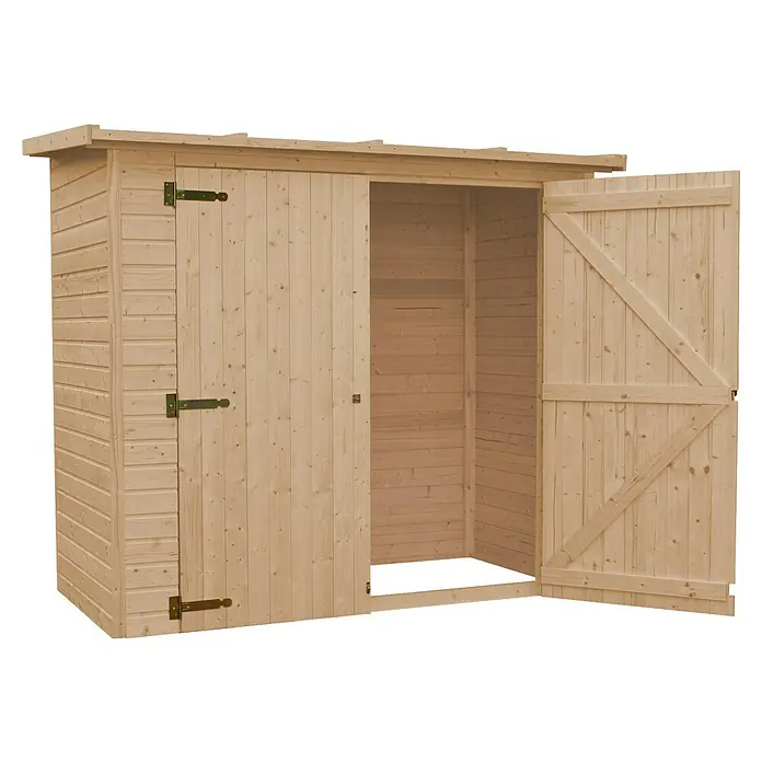 Timbela Gerätehaus M348 - Außenmaß inkl. Dachüberstand (B x T): 223 x 123 cm, Holz, Natur - Offener Holzgarten Schuppen mit zwei Türen, ideal für die Aufbewahrung von Gartengeräten und Werkzeugen.