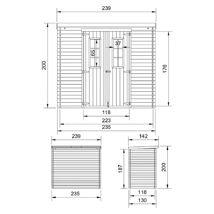 Timbela Gerätehaus M310C+M310G - Außenmaß inkl. Dachüberstand (B x T): 239 x 142 cm, Holz, Natur, Mit Fußboden - Technische Zeichnung eines Gerätehauses mit Maßangaben zu Breite, Höhe und Tiefe.
