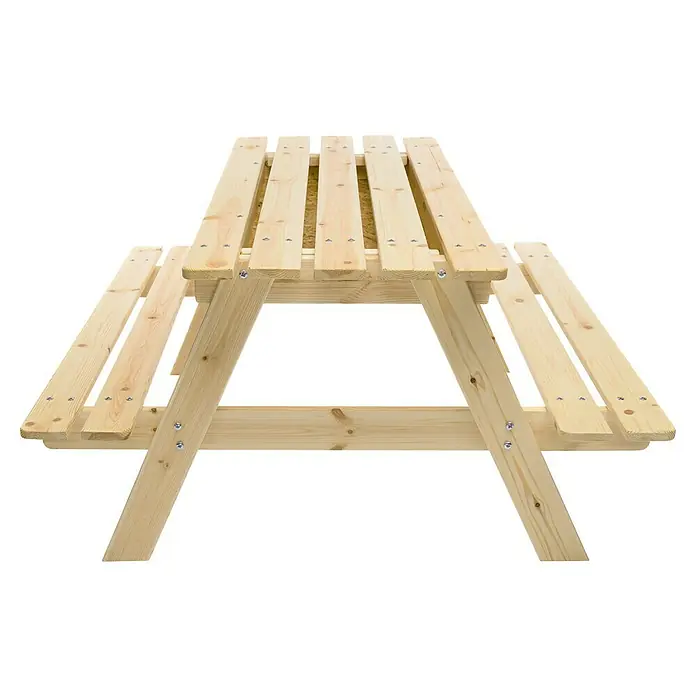 Timbela Kinder-Sitzgruppen-Set - 90 x 90 x 50 cm, Holz, Mit Staufach - Hölzerner Picknicktisch mit hellen Brettern und silbernen Schrauben auf einem schwarzen Hintergrund für Garten und Freizeit.