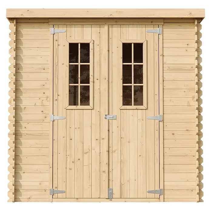 Timbela Gerätehaus M311C - Außenmaß inkl. Dachüberstand (B x T): 204 x 142 cm, Holz, Natur, Ohne Fußboden - Ein Holzschuppen mit Doppeltür und kleinen Fenstern oben, ideal für die Aufbewahrung von Gartengeräten.