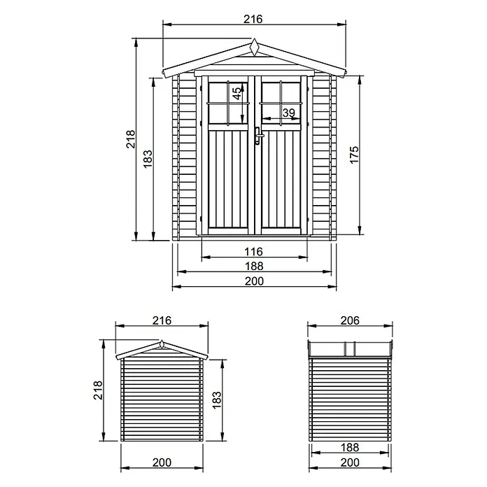 Timbela Gerätehaus M343F - Außenmaß inkl. Dachüberstand (B x T): 216 x 206 cm, Holz, Natur, Ohne Fußboden - Technische Zeichnung eines Gerätehauses mit allen Seitenansichten, die seine Abmessungen und Details zeigen.