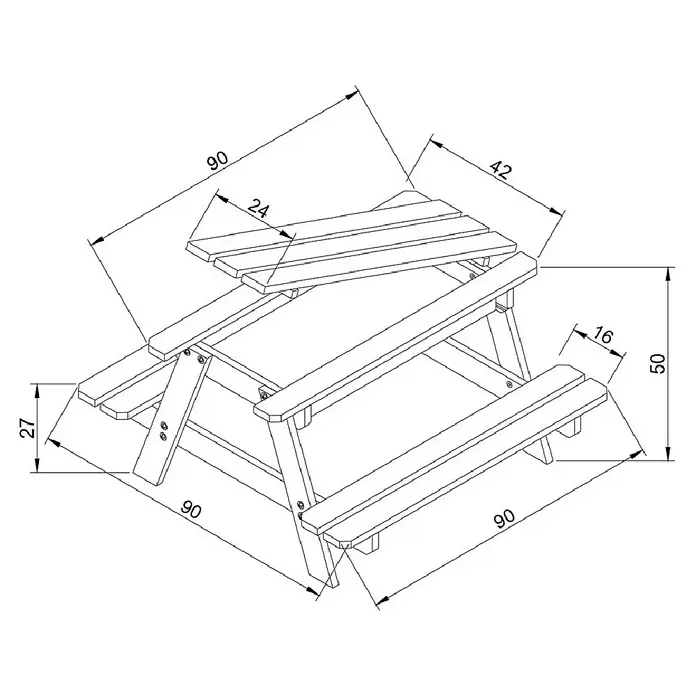 Timbela Kinder-Sitzgruppen-Set - 90 x 90 x 50 cm, Holz, Mit Staufach - Ansicht eines Gartentisches mit integrierten Bänken mit Maßen. Das Design ist praktisch und ideal für den Außenbereich.