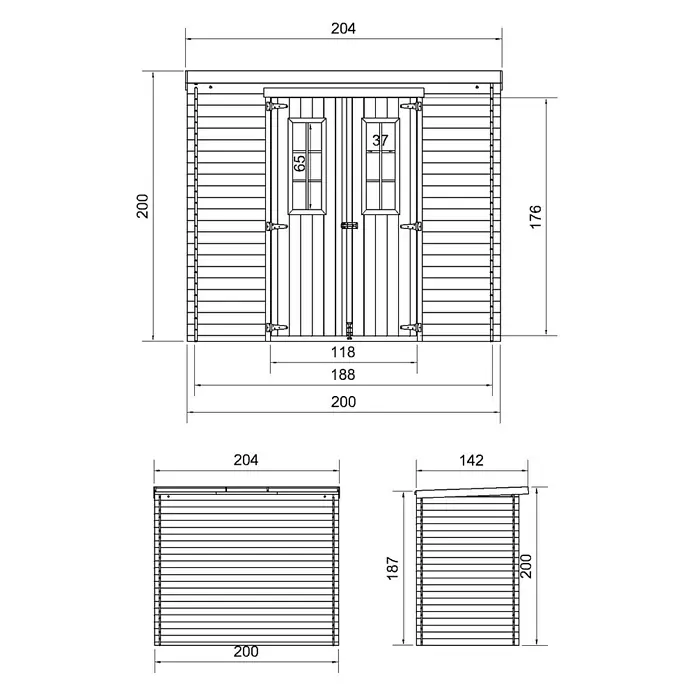 Timbela Gerätehaus M311C - Außenmaß inkl. Dachüberstand (B x T): 204 x 142 cm, Holz, Natur, Ohne Fußboden - Abbildung eines Gartenhauses mit detaillierten Maßangaben, einschließlich Höhe, Breite und Tiefe. Die Illustration zeigt die Abmessungen genau.