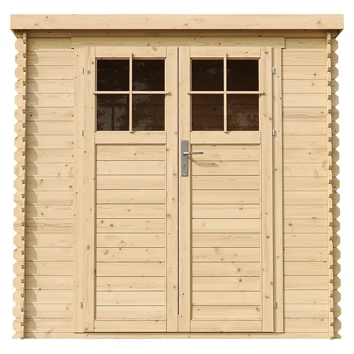 Timbela Gerätehaus M311F - Außenmaß inkl. Dachüberstand (B x T): 204 x 142 cm, Holz, Natur, Ohne Fußboden - Holztüren eines Gartenhauses mit Fenster und Griff. Perfekt für Werkzeug oder als Rückzugsort im Garten.