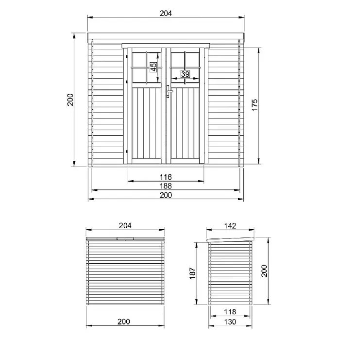 Timbela Gerätehaus M311F - Außenmaß inkl. Dachüberstand (B x T): 204 x 142 cm, Holz, Natur, Ohne Fußboden - Abbildung eines Gartenhauses mit den Maßen 204 x 200 cm. Das Gartenhaus verfügt über eine Doppeltür mit Fenstern und ein Satteldach.