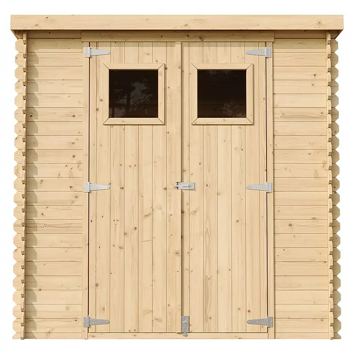 Timbela Gerätehaus M311 - Außenmaß inkl. Dachüberstand (B x T): 204 x 142 cm, Holz, Natur, Ohne Fußboden - Bild einer Holzhütte mit Doppeltür und quadratischen Fenstern. Die Holzhütte ist aus hellem Holz gefertigt.
