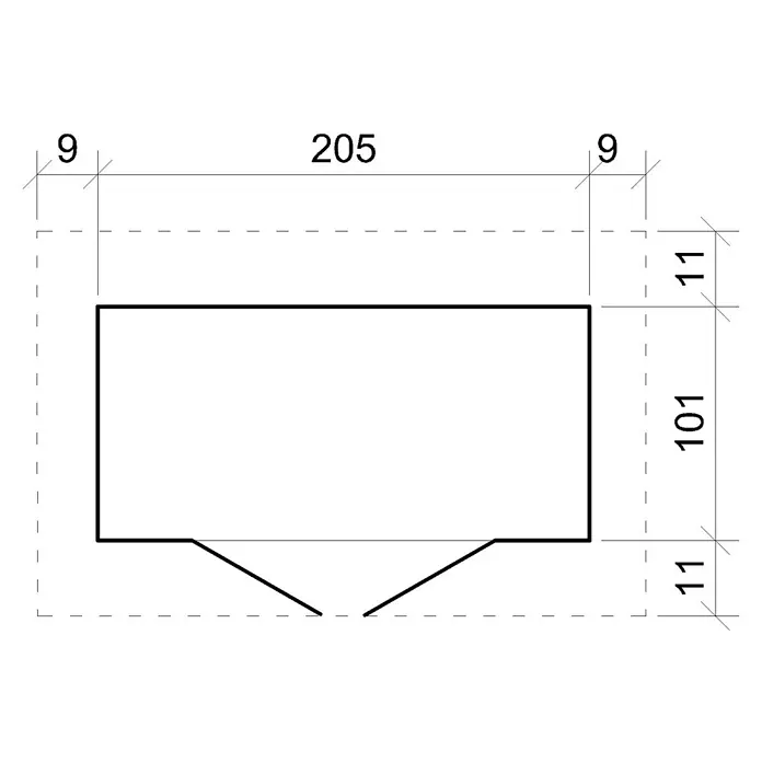 Timbela Gerätehaus M348 - Außenmaß inkl. Dachüberstand (B x T): 223 x 123 cm, Holz, Natur - Skizze einer rechteckigen Form mit keilförmigen Aussparungen, inklusive detaillierter Maßangaben zur genauen Konstruktion.