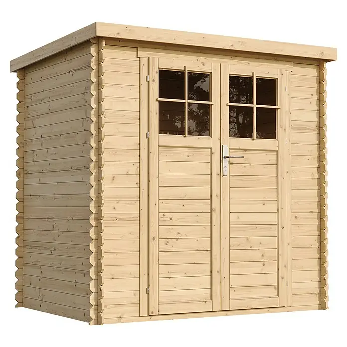 Timbela Gerätehaus M311F - Außenmaß inkl. Dachüberstand (B x T): 204 x 142 cm, Holz, Natur, Ohne Fußboden - Das Bild zeigt ein modernes Gartenhaus aus Holz mit Doppeltür und Fenstern, ideal für die Aufbewahrung von Gartengeräten.