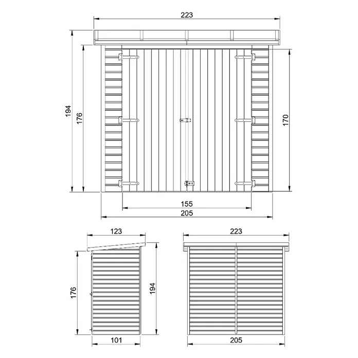 Timbela Gerätehaus M348 - Außenmaß inkl. Dachüberstand (B x T): 223 x 123 cm, Holz, Natur - Schematische Darstellung eines Gerätehauses mit Maßangaben für Planung und Aufbau.