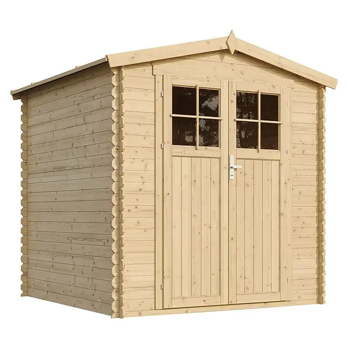 Timbela Gerätehaus M343F - Außenmaß inkl. Dachüberstand (B x T): 216 x 206 cm, Holz, Natur, Ohne Fußboden - Ein geräumiges Gartenhaus aus Holz mit Doppeltür und Fenstern für die Aufbewahrung von Gartengeräten und mehr.