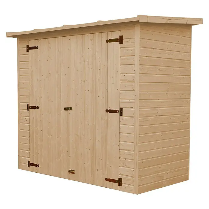 Timbela Gerätehaus M348 - Außenmaß inkl. Dachüberstand (B x T): 223 x 123 cm, Holz, Natur - Bild eines Gerätehauses aus Holz mit Doppeltür und Beschlägen. Das Gartenhaus bietet Stauraum und ist unbehandelt.
