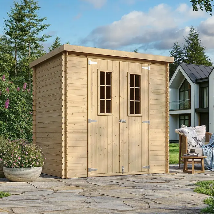 Timbela Gerätehaus M311C - Außenmaß inkl. Dachüberstand (B x T): 204 x 142 cm, Holz, Natur, Ohne Fußboden - Holzschuppen mit Doppeltür und Fenstern im Gartenbereich. Ideal zur Aufbewahrung von Gartengeräten und Werkzeugen.