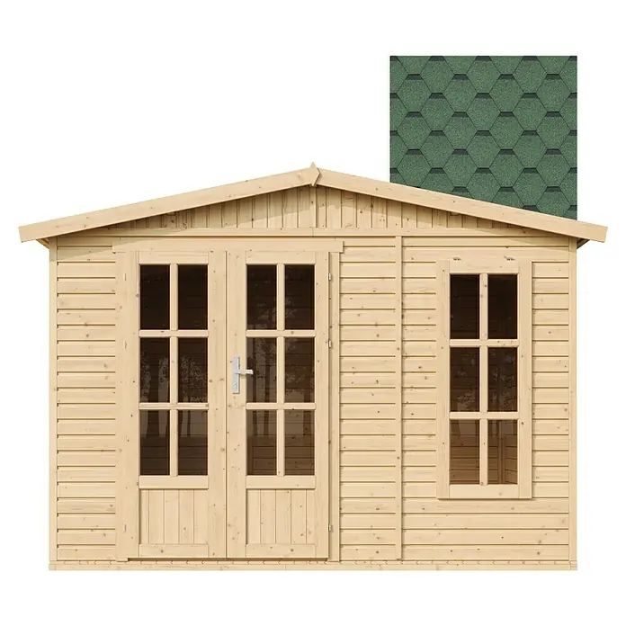 Timbela Gartenhaus M334FB - Außenmaß inkl. Dachüberstand (B x T): 332 x 222 cm, Holz, Natur, Mit grünen Bitumenschindeln - Abgebildete Holzhütte mit Doppeltür und Fenster. Ideal für Garten oder als Stauraum.