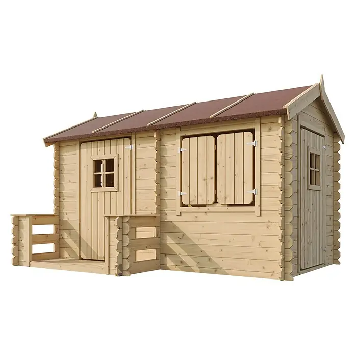 Timbela Spielhaus - L x B x H: 146 x 241 x 151 cm, Holz, Natur - Geräumiges Holzspielhaus für Kinder mit braunem Dach und kleinen Fenstern.