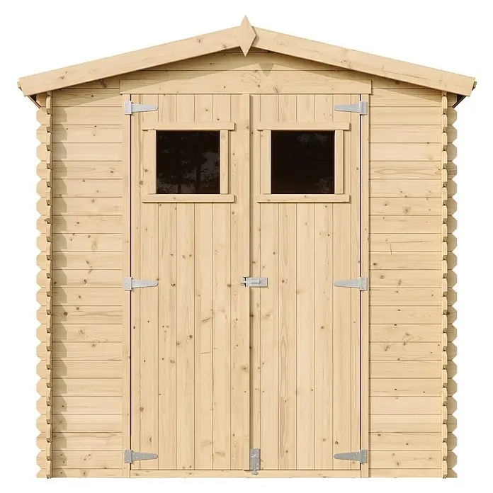 Timbela Gerätehaus M343 - Außenmaß inkl. Dachüberstand (B x T): 216 x 206 cm, Holz, Natur, Ohne Fußboden - Abbildung eines Holzschuppens mit Doppeltüren und kleinen Fenstern. Ideal für die Gartenaufbewahrung mit rustikalem Charme.