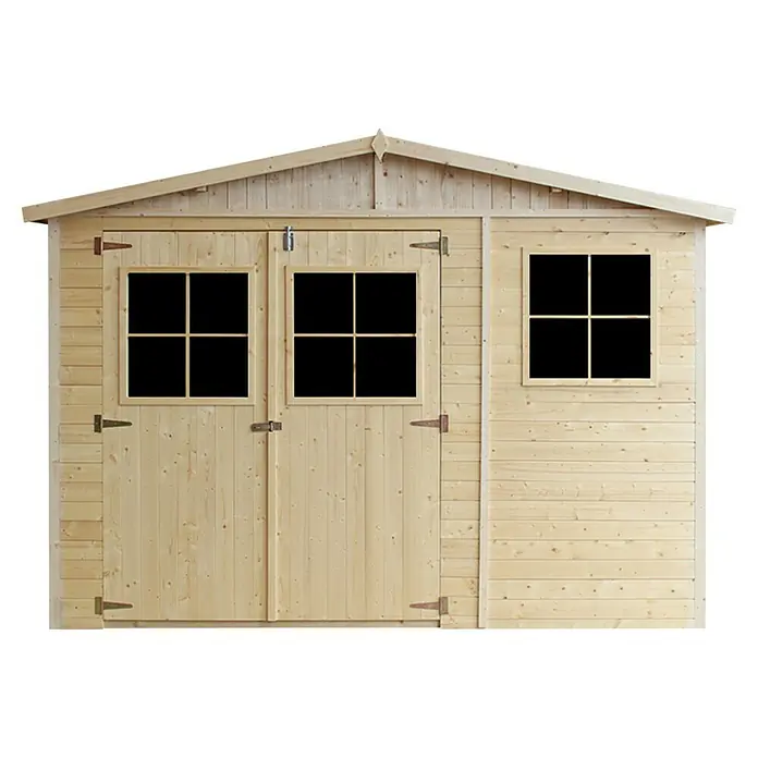 Timbela Gerätehaus M335+335G - Außenmaß inkl. Dachüberstand (B x T): 324 x 316 cm, Holz, Natur, Mit Fußboden - Bild eines hellen Holzgartenschuppens mit Fenstern und Doppeltür, ideal für die Lagerung von Gartengeräten.