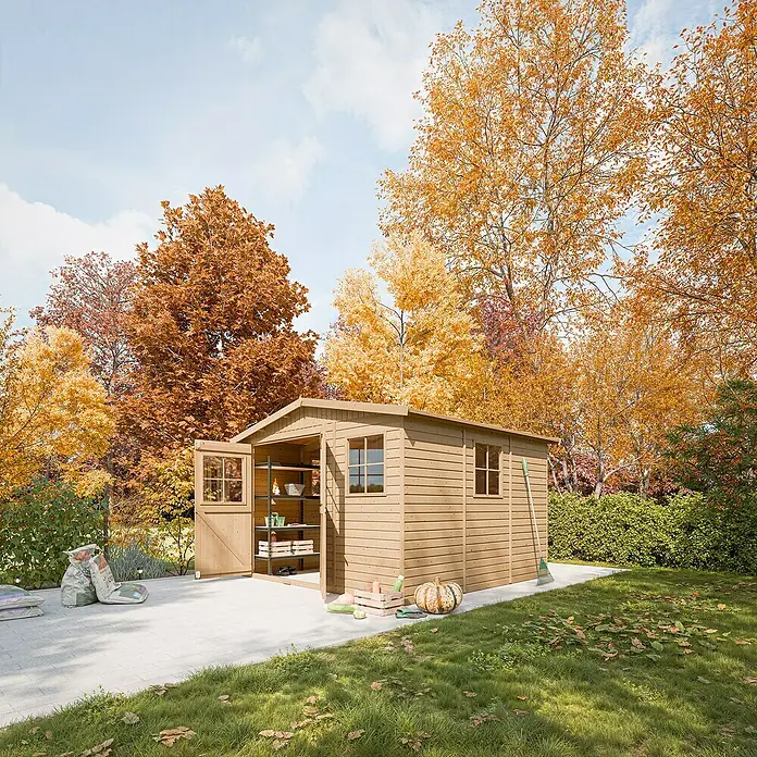 Timbela Gerätehaus M335+335G - Außenmaß inkl. Dachüberstand (B x T): 324 x 316 cm, Holz, Natur, Mit Fußboden - Ein hölzernes Gartenhaus mit offenen Türen, Regalen und herbstlicher Dekoration im Freien. Ideal zur Aufbewahrung von Gartengeräten.
