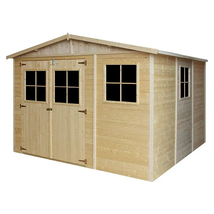 Timbela Gerätehaus M335+335G - Außenmaß inkl. Dachüberstand (B x T): 324 x 316 cm, Holz, Natur, Mit Fußboden - Holzschuppen mit Doppeltür und Fenstern, ideal für die Gartenaufbewahrung. Robuste Konstruktion für langfristige Nutzung.