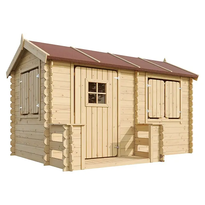 Timbela Spielhaus - L x B x H: 146 x 241 x 151 cm, Holz, Natur - Ansicht eines Holzspielhauses mit braunem Dach, Fensterläden und einer kleinen Veranda, ideal für Kinder zum Spielen im Freien.