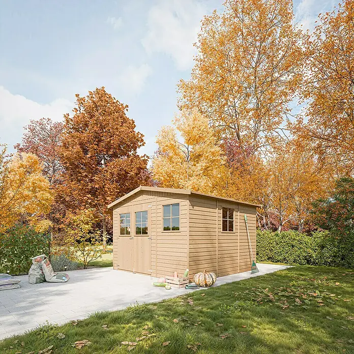 Timbela Gerätehaus M335+335G - Außenmaß inkl. Dachüberstand (B x T): 324 x 316 cm, Holz, Natur, Mit Fußboden - Ein Holzschuppen mit Doppeltüren und Fenstern steht im Garten, umgeben von Herbstlaub.