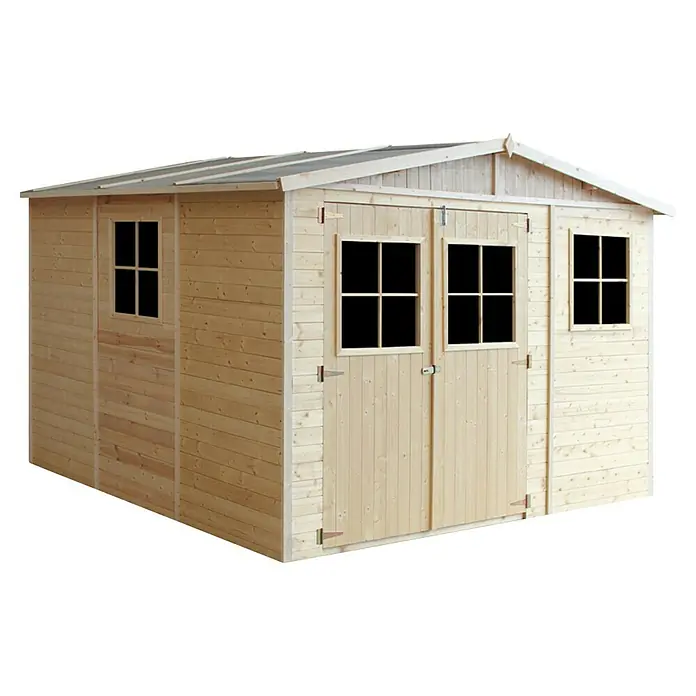 Timbela Gerätehaus M335+335G - Außenmaß inkl. Dachüberstand (B x T): 324 x 316 cm, Holz, Natur, Mit Fußboden - Detailaufnahme eines Holzschuppens mit Doppeltür und Fenstern, ideal für die Gartenaufbewahrung.