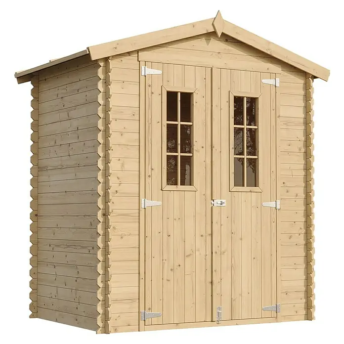 Timbela Gerätehaus M367C - Außenmaß inkl. Dachüberstand (B x T): 196 x 136 cm, Holz, Natur, Ohne Fußboden - Abbildung eines hellen Holzgartenschuppens mit Doppeltür und Fenstern, ideal für die Gartenaufbewahrung.