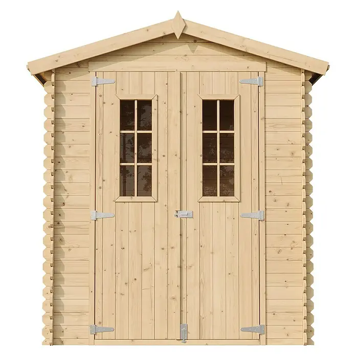 Timbela Gerätehaus M367C - Außenmaß inkl. Dachüberstand (B x T): 196 x 136 cm, Holz, Natur, Ohne Fußboden - Ein helles Holzgartenhaus mit Doppeltür und zwei Fenstern, ideal zur Aufbewahrung von Gartengeräten und Werkzeugen im Freien.